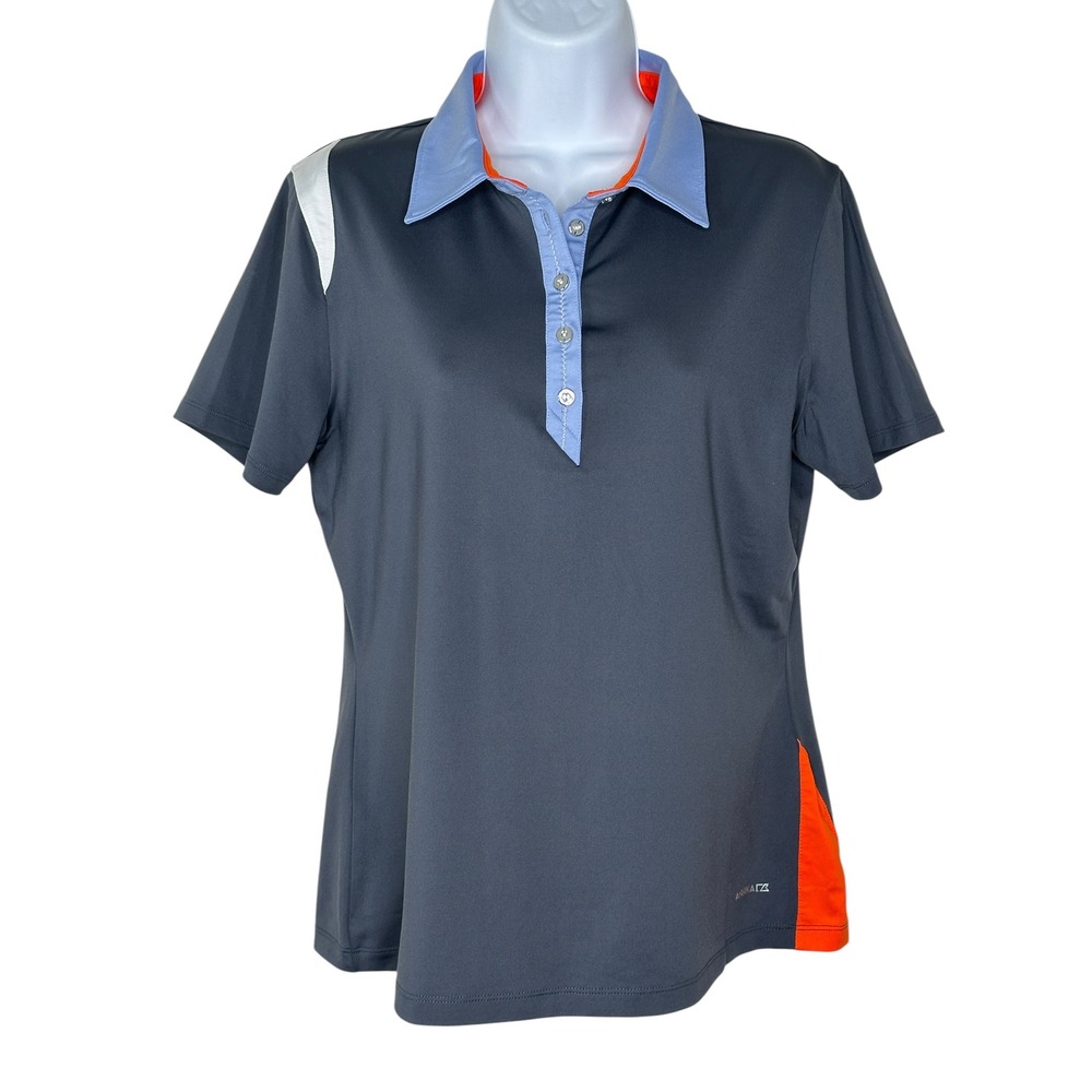 Annika Cutter & Buck Polo Shirt Medium Grey Blue Orange Colorblock Golf Athletic